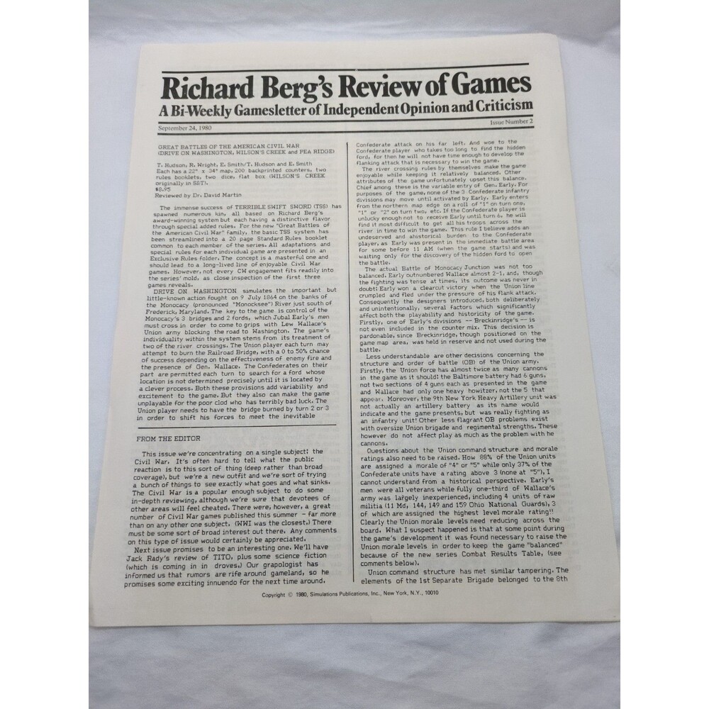 Richard Bergs Review Of Games Issue Number 2 Sept 24 1980 Newsletter